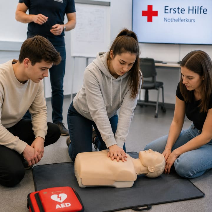 Teilnehmende üben Wiederbelebung und Erste Hilfe im Nothelferkurs der Fahrschule Mahrer im Fricktal