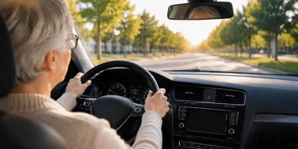 Senioren-Check bei der Fahrschule Mahrer – Seniorin am Steuer während einer Fahrberatung im Strassenverkehr