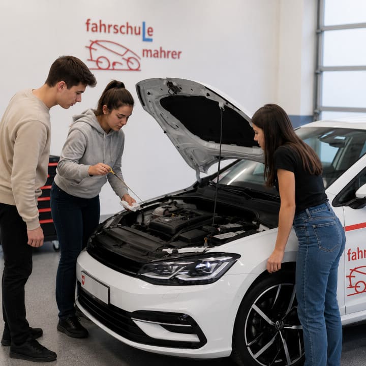 VKU Möhlin bei der Fahrschule Mahrer – Fahrschüler lernen Fahrzeugkontrolle und technische Grundlagen im Verkehrskundeunterricht