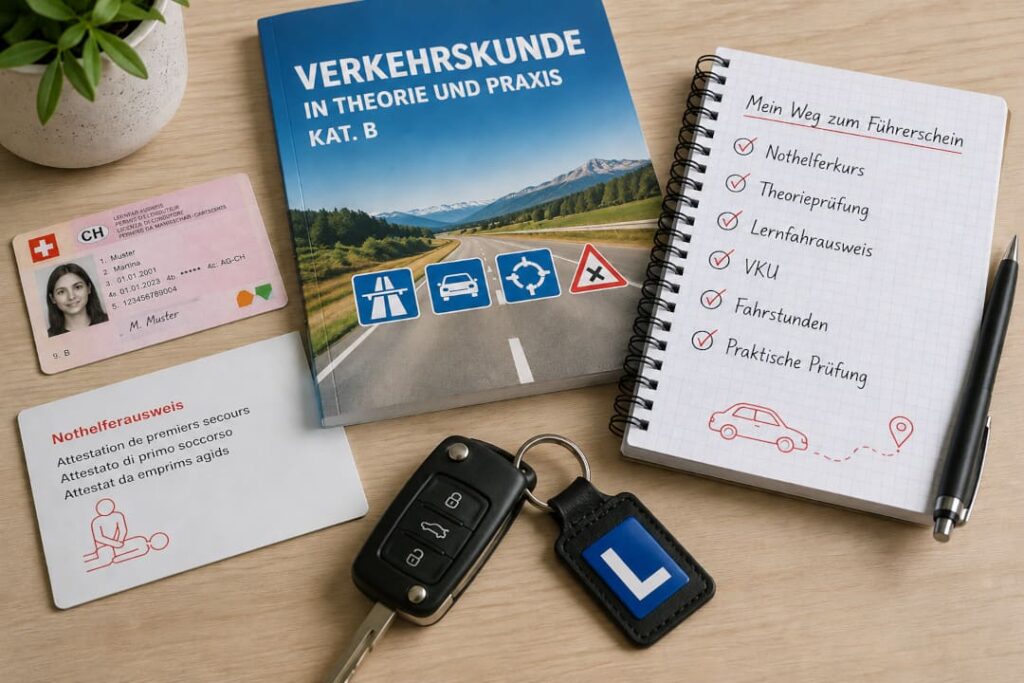 Weg zum Führerschein in der Schweiz mit Lernfahrausweis, Nothelferkurs, VKU, Theorieprüfung und Autoschlüssel